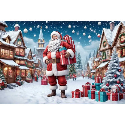MOON.QG Christmas Santa Claus Village Backdrop – Holiday Photo Studio Background with Trees & Gifts for Home Decoration
