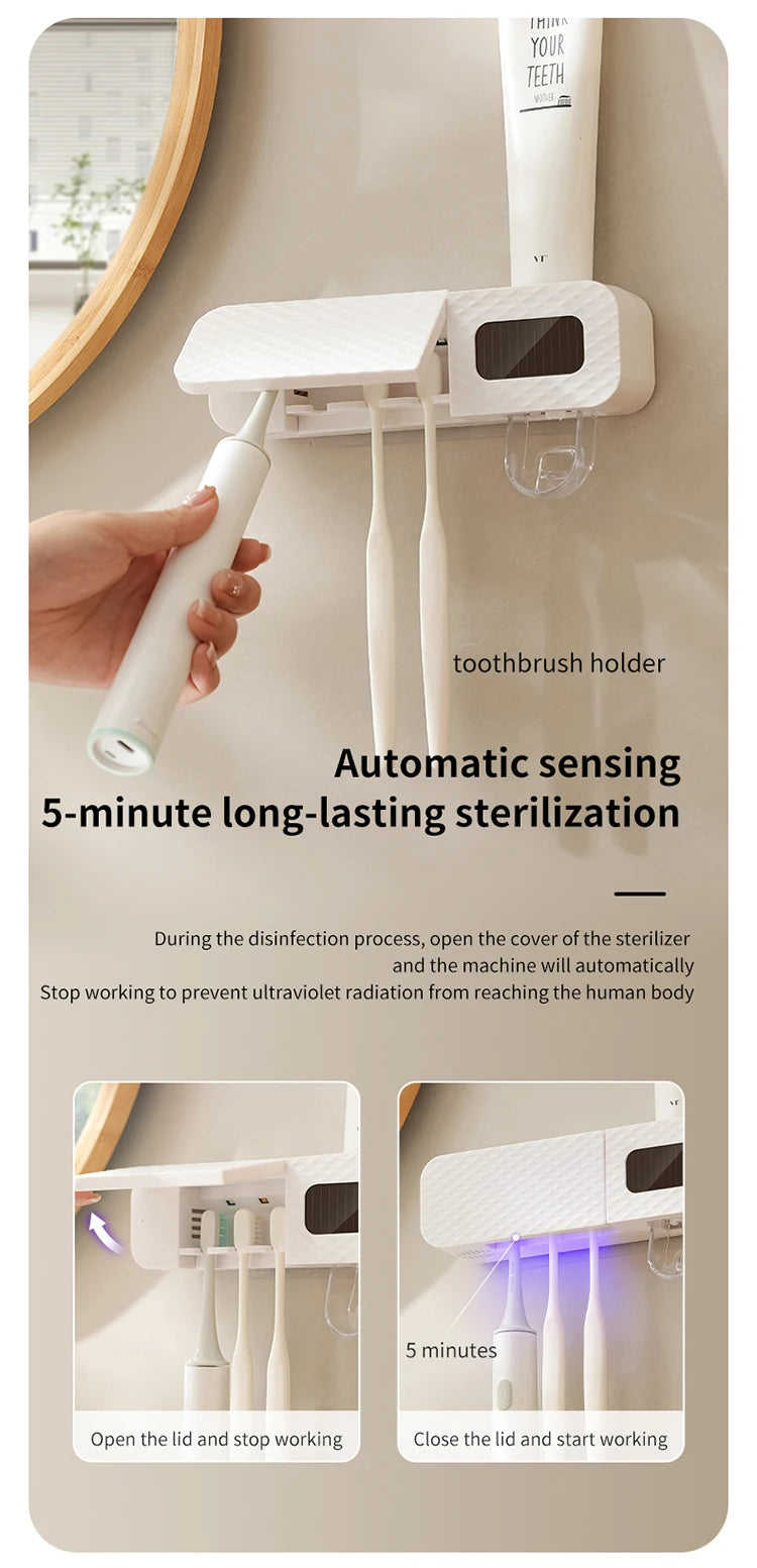 Smart Wall-Mounted Toothbrush Rack – 3-Slot Toothbrush Dryer with Toothpaste Dispenser for Home Use