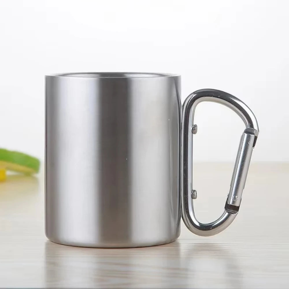 Stainless Steel Camping Mug with Carabiner Handle – Portable Outdoor Travel Water Cup for Hiking, Picnic & Adventure Use
