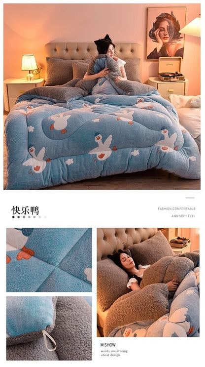 Plush Winter Lamb Velvet Quilt – Thickened Cotton, Double-Sided Warm Lamb Wool Blanket for Single & Double Beds
