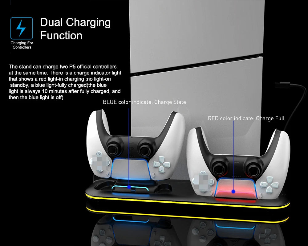 PS5 RGB Cooling Station with Controller Charging Dock – 3-Level Turbo Fan Stand for PS5 Slim Disc & Digital with Headset Holder