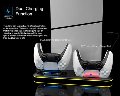 PS5 RGB Cooling Station with Controller Charging Dock – 3-Level Turbo Fan Stand for PS5 Slim Disc & Digital with Headset Holder