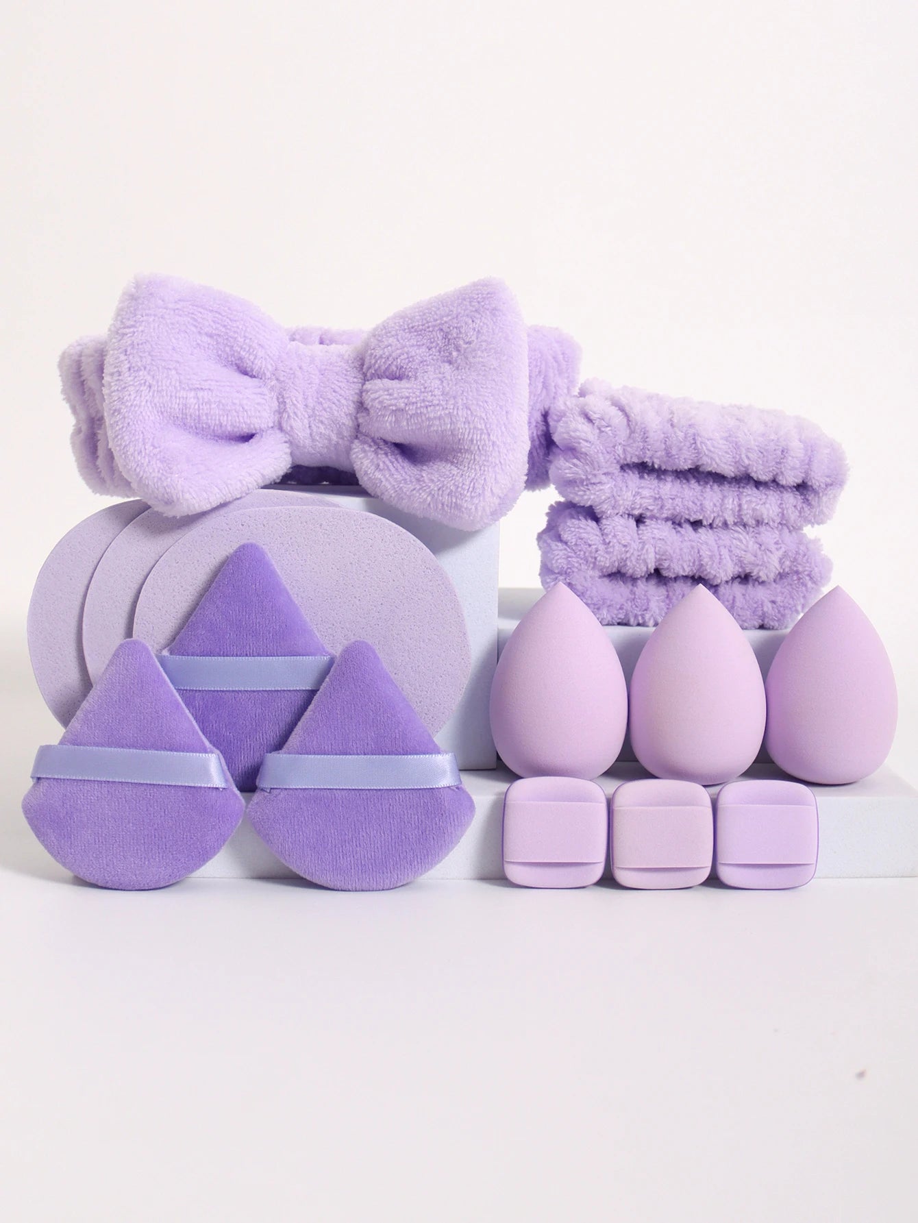 15Pcs Multi-Colored Fluffy Headband & Makeup Sponge Set - Sweet Style Beauty Essentials