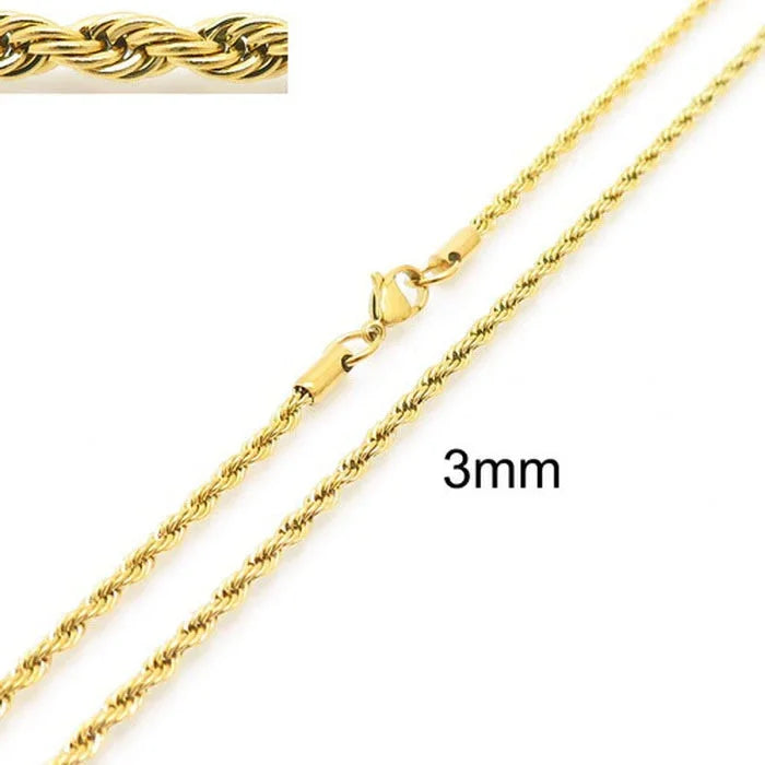 304 Stainless Steel Twist Rope Chain Necklace – PVD Gold Plated, 2-5mm Width for Men & Women, Fashion Accessories