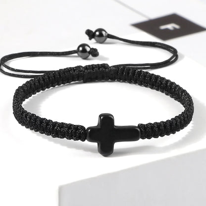 Hand Woven Jesus Cross Bracelet - Red & Black Braided Thread Lucky Couple Jewelry Gift for Men & Women