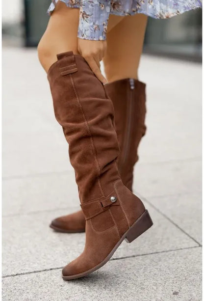 Women’s Thigh-High Suede Boots – Low Heel Side-Zip Knee-High Booties, Retro Autumn Winter Size 43