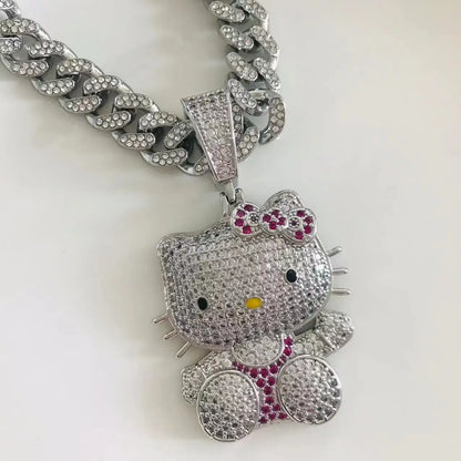 Kawaii Hello Kitty Necklace – Anime Sanrio Hip Hop Diamond Pendant with Cuba Chain, Cute Cartoon Jewelry Gift for Men & Women