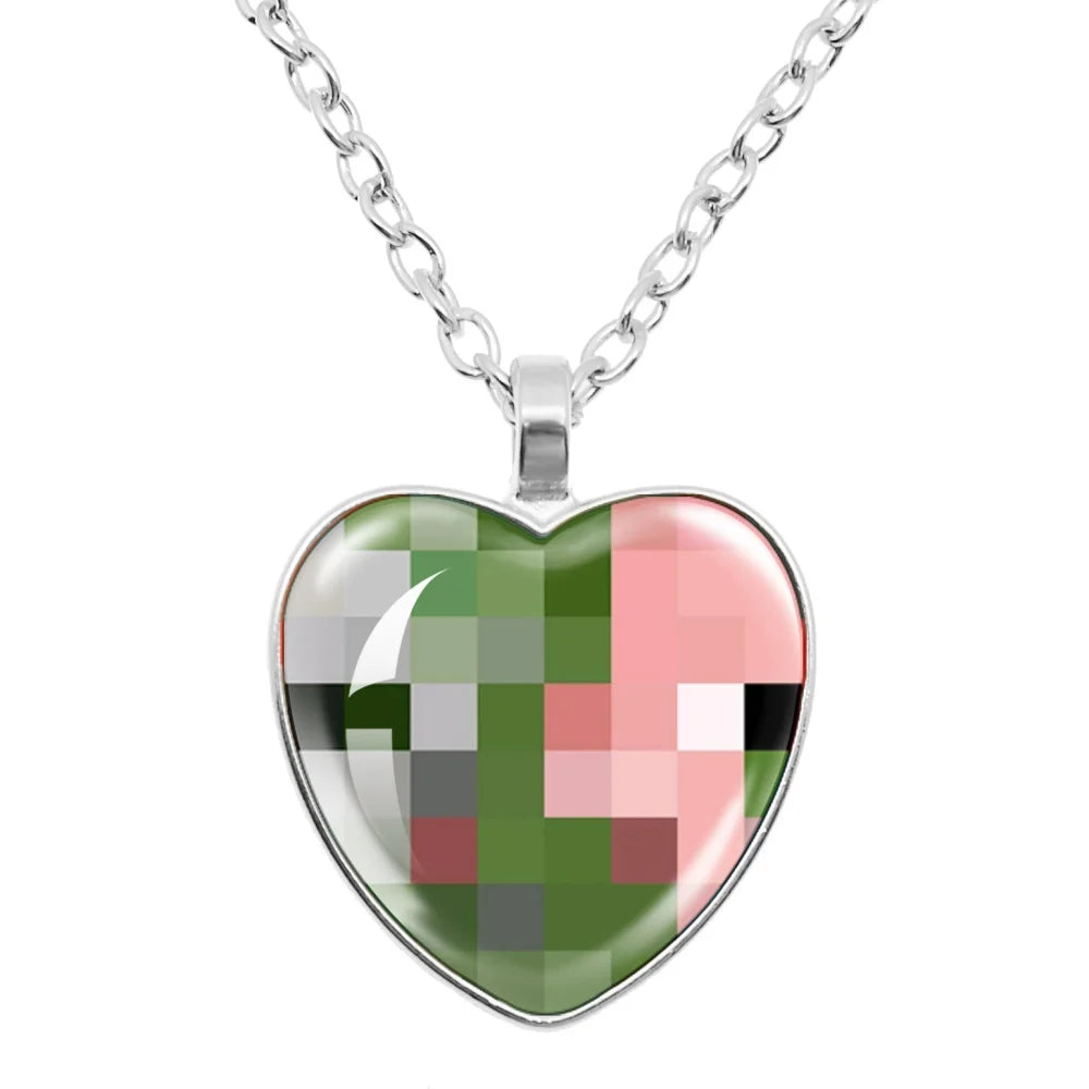 Funny Pixel Block Cartoon Pendant Necklace – 25mm Glass Heart-Shaped Charm, My World Theme Jewelry Gift