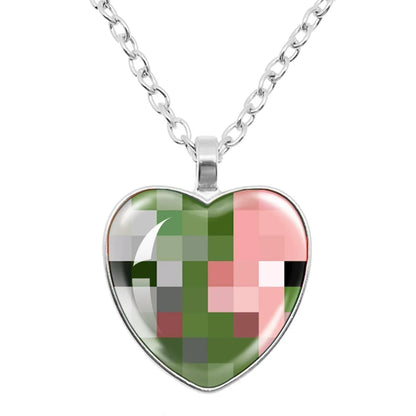 Funny Pixel Block Cartoon Pendant Necklace – 25mm Glass Heart-Shaped Charm, My World Theme Jewelry Gift