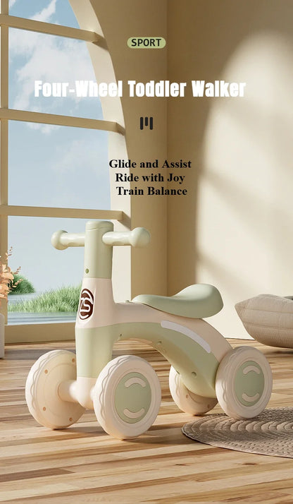 Anti-Tip Baby Balance Bike — 4-Wheel Silent Glider Walker for Ages 1-3, Toddler Training Ride-On with Safety Wheels for Indoor & Outdoor Use
