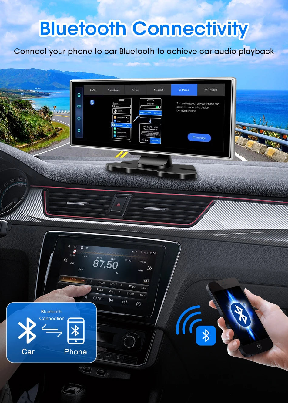 10/11.26" 4K Dash Cam — Dual Lens Car DVR with Wireless CarPlay, Android Auto, GPS & WiFi Video Recorder