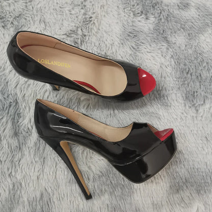 Women’s Sexy Platform Peep Toe Pumps – 14cm Stiletto Patent Leather High Heels for Party & Wedding