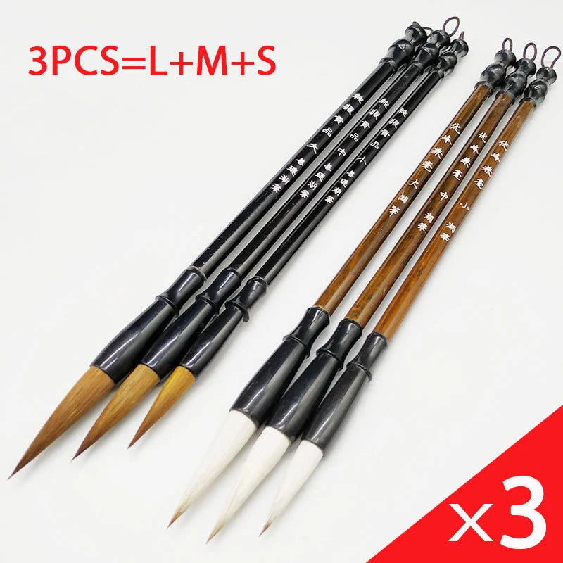 3PCS Bamboo Handle Calligraphy Brush Set – Weasel Hair Writing Brushes for Painting, Drawing & Traditional Art Use