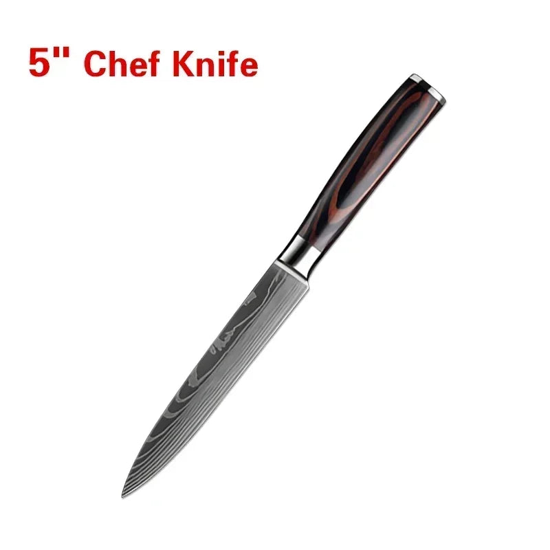 Laser Damascus Kitchen Knife Set – Cleaver, Meat, Fruit, Bread, Boning Knife and Chicken Scissors for Barbecue and Home Cooking