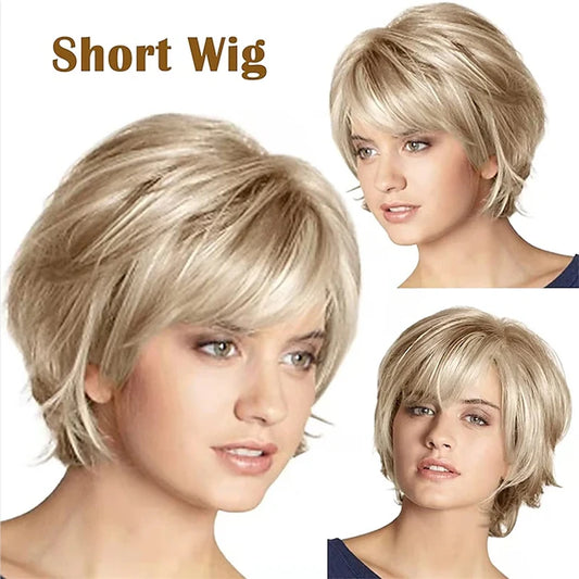HAIRJOY Short Blonde Wig with Bangs – Blonde and Brown Mix Synthetic Fluffy Wig for Women