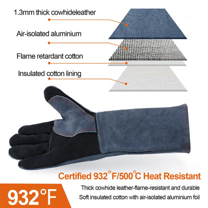 16-Inch Heat Resistant Welding Gloves – Thick Cow Split Leather Work Gloves for Welders, BBQ, Grill & Oven Use