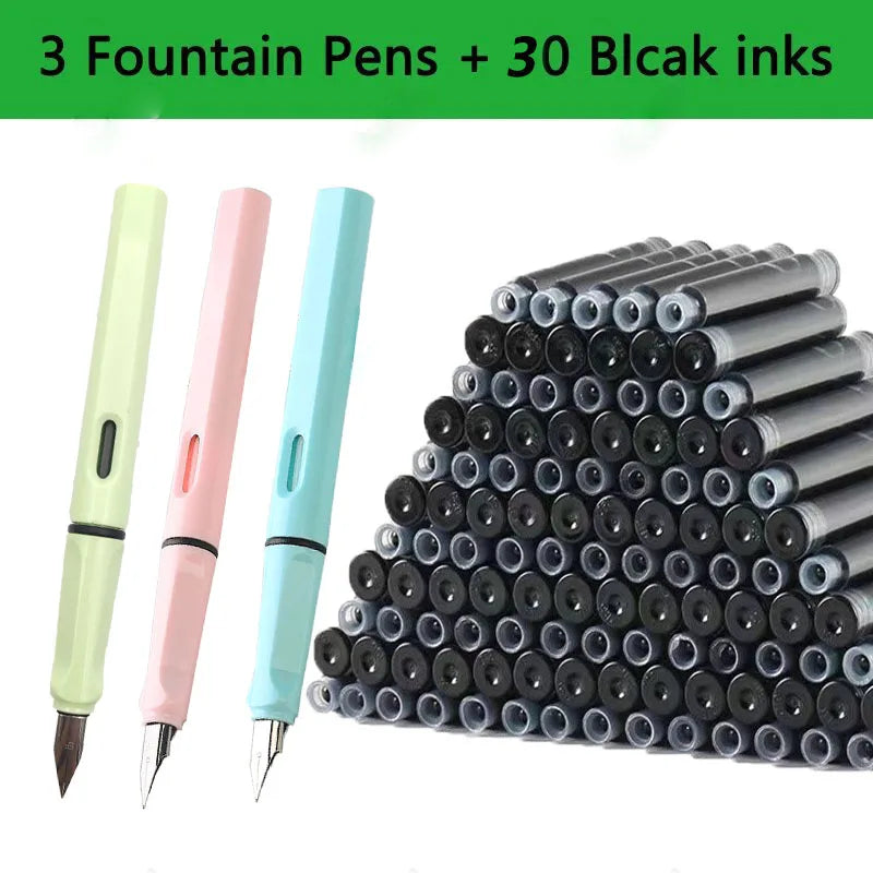 33PCS Kawaii Fountain Pen & Ink Set - Black Blue Red EF 0.38mm Replaceable Ink Pens for School Office Writing Supplies