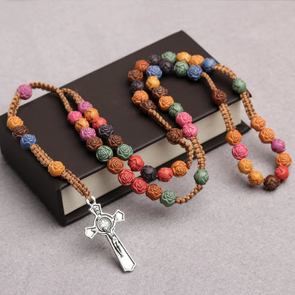 Christian Rose Bead Rosary Necklace – INRI Cross Crucifix Pendant Long Chain for Women, Religious Fashion Jewelry Gift