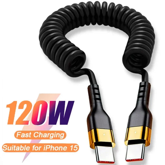 Type-C to Type-C Spring Cable – 120W PD Fast Charging Data Cord for iPhone 15 Pro Max, Samsung & More