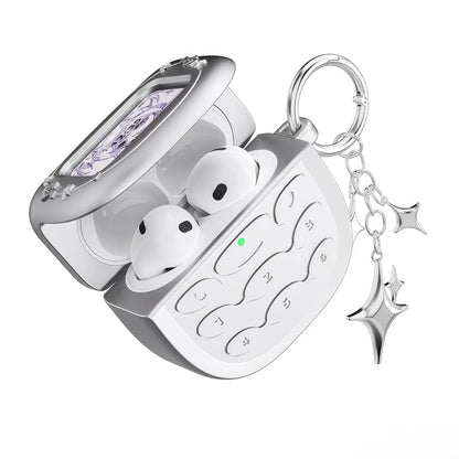Retro Flip Phone AirPods Case - Y2K Matte Silver Earbuds Cover with Pendant Charm