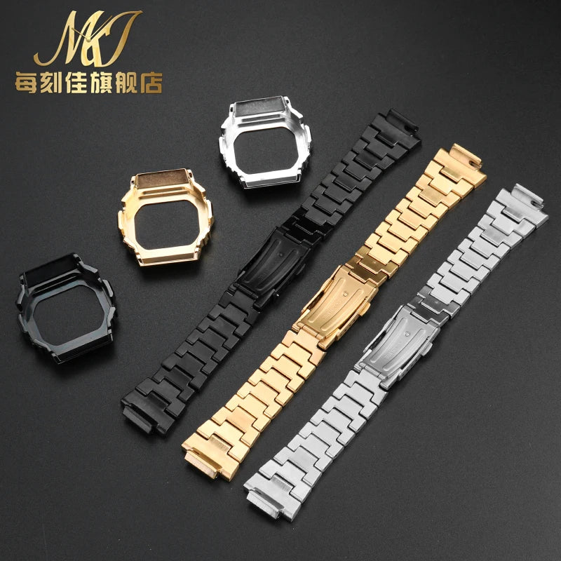 Stainless Steel Metal Case & Strap for Casio G-SHOCK DW5600, GW-M5610, 5000 & GW-B5600 – Gold & Black Modified Watchband