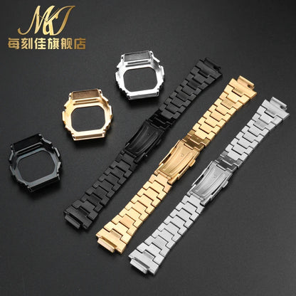 Stainless Steel Metal Case & Strap for Casio G-SHOCK DW5600, GW-M5610, 5000 & GW-B5600 – Gold & Black Modified Watchband