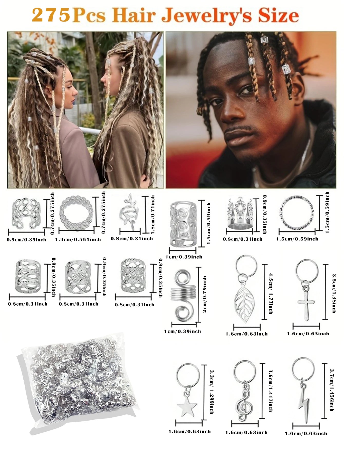 275Pcs Hair Jewelry Charms Set - Gold & Silver Alloy Braid Pendants with Rings for Dreadlocks, Braids & Hair Decorations