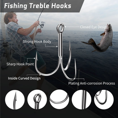 9KM High Carbon Steel Treble Fishing Hooks – Barbed Triple Hooks for Hard Lures & Saltwater Fishing