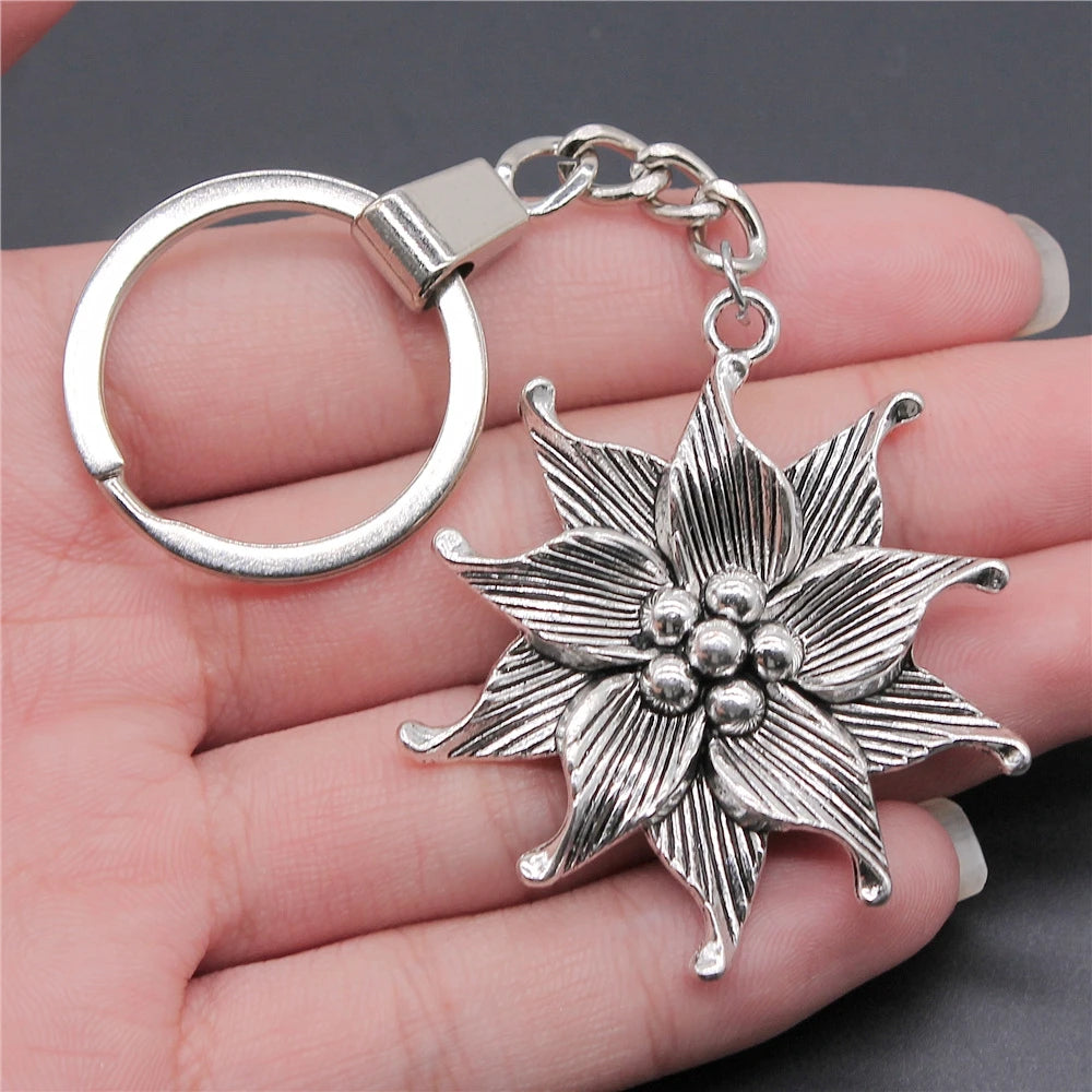 New Fashion Men 30mm Metal Alloy Keychain with Vintage Heart, Flower, Rose, Sunflower & Tree Pendant DIY Keyring Holder Chain Accessory