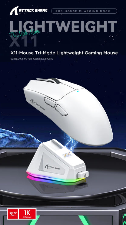 Attack Shark X11 Tri-Mode Wireless Gaming Mouse – 2.4GHz/Wired/Bluetooth PAW3311 22000DPI RGB PC Mouse 400IPS