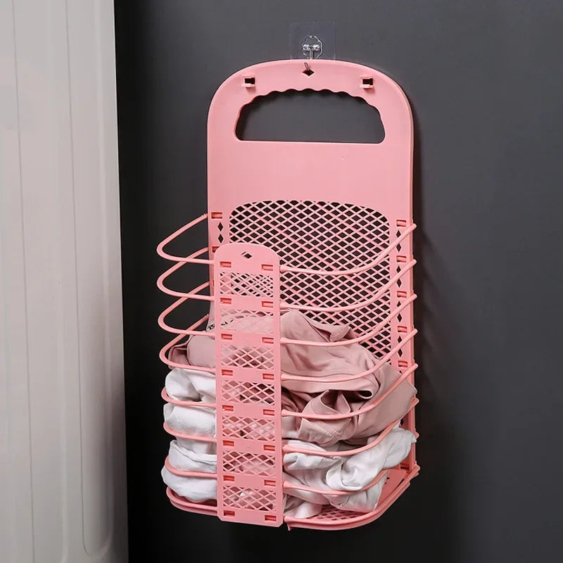 Foldable Plastic Laundry Basket – Wall-Mounted Non-Perforated Clothes Storage for Bathroom