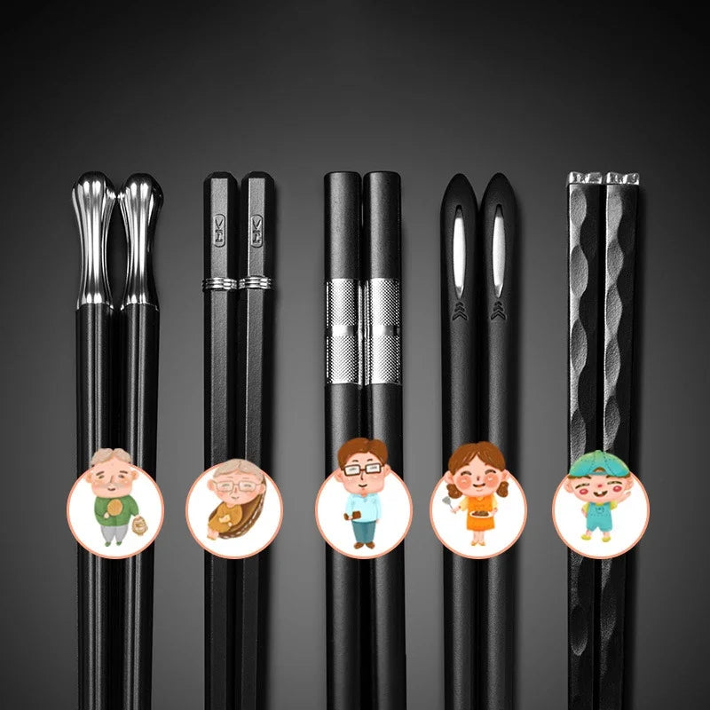 5 Pairs Japanese Reusable Chopsticks – Black Sushi Sticks for Food, Noodles, Alloy Chinese & Korean Kitchen Tableware