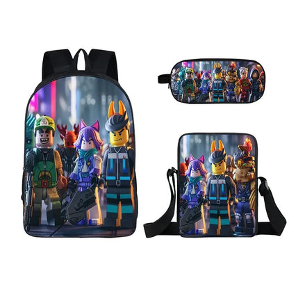 Kids Roblox 3-in-1 Backpack Set — School Bookbag, Shoulder Bag & Pencil Case Waterproof Travel Bag for Teens