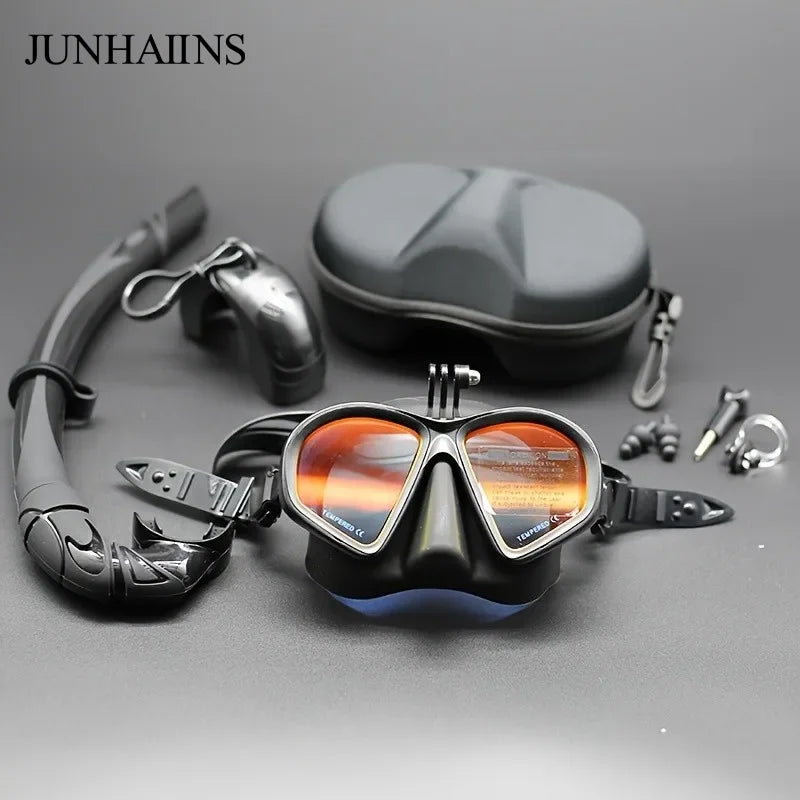 Freediving Mask with Camera Mount - Two-Window Tempered Glass Waterproof Anti-Fog Snorkeling Mask