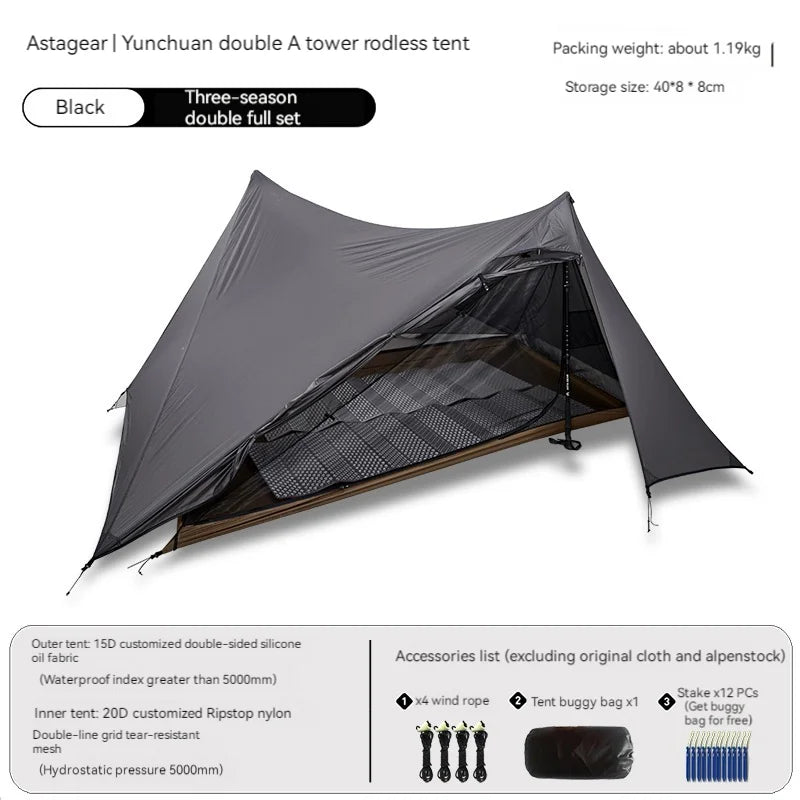 ASTA GEAR Yun Chuan 15D Nylon Ultralight Tent – Double-Sided Silicon-Coated, Rodless Pyramid Design for Camping & Hiking
