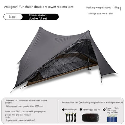 ASTA GEAR Yun Chuan 15D Nylon Ultralight Tent – Double-Sided Silicon-Coated, Rodless Pyramid Design for Camping & Hiking