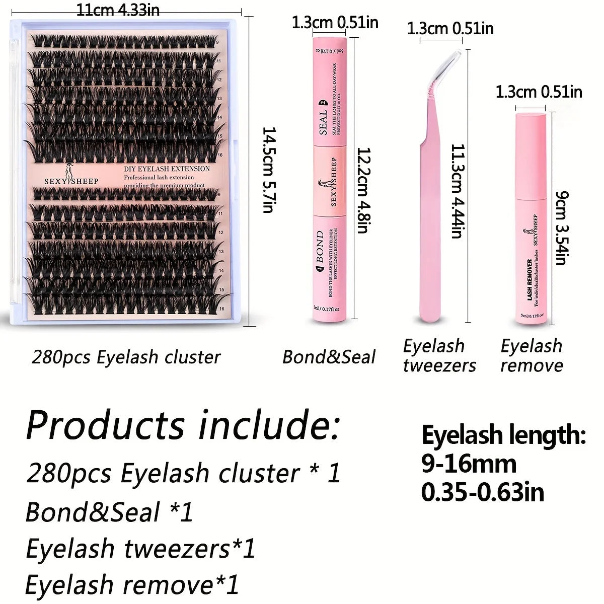 DIY Lash Extension Kit – 280pcs Individual Cluster Lashes (9-16mm, 40D-80D) with Bond, Seal & Remover