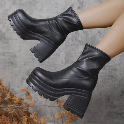 Women’s New Fashion Short Boots – Sexy Leather, Square Toe, Zipper High Heels, Casual Thick-Soled Shoes Zapatos