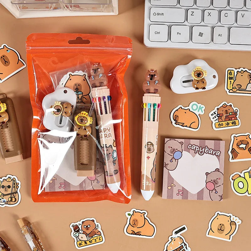 7-Piece Capybara Stationery Set for Students, Cute School Supplies & Gift Pack with Pens and Accessories for Boys & Girls