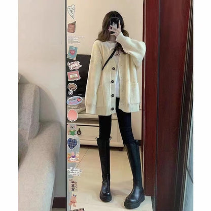 Autumn Winter Women’s Cardigan Sweater Coat – Fashion Long Sleeve V-Neck, Loose Fit Knitted Jacket, Casual Sweater Cardigan