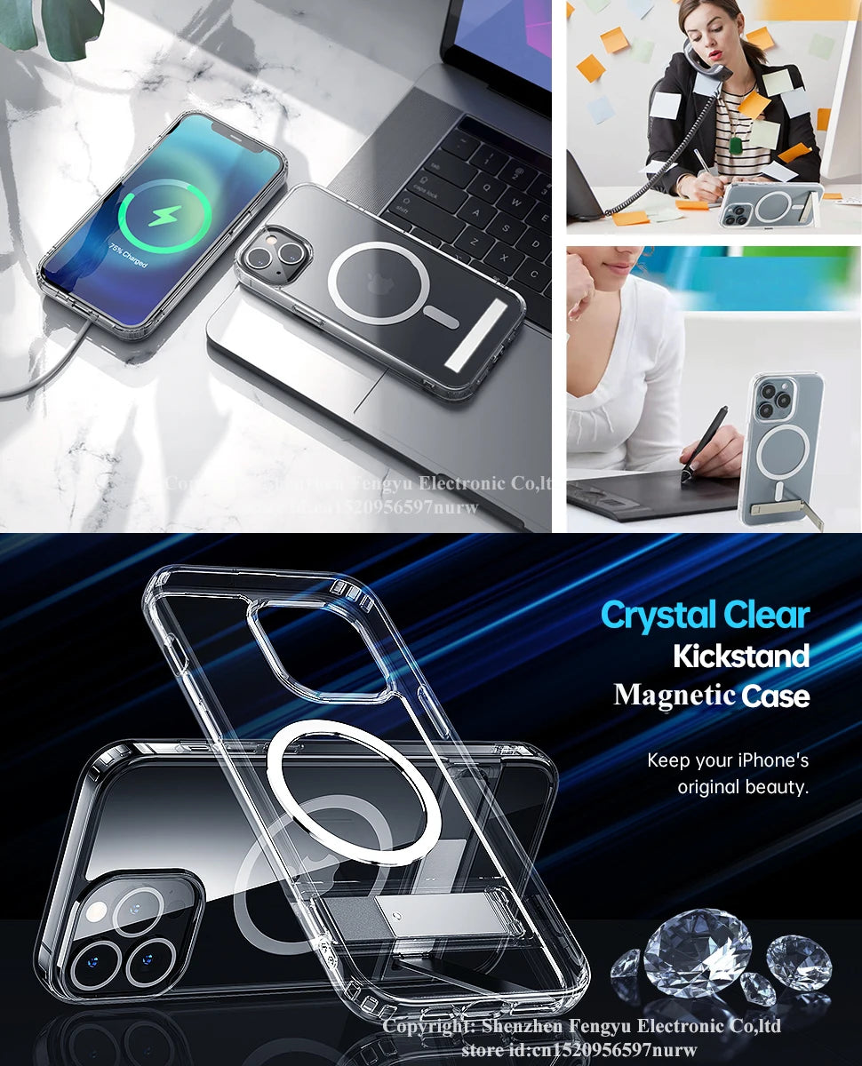 Clear Magnetic Phone Case with Kickstand for iPhone 16, 15, 14, 13, 12, 11 Mini – MagSafe Compatible, Wireless Charging Back Cover