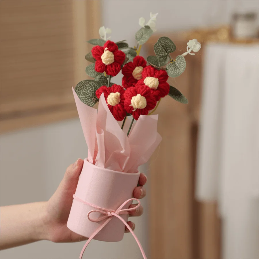 Handmade Crochet Wool Flower Bouquet – Artificial Yarn Flowers for Home Decor & Valentine’s Day Gift