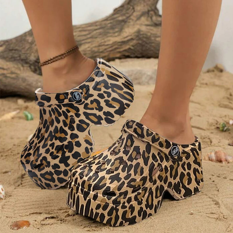 Women’s Leopard Print Platform Clogs - Closed-Toe Chunky Heel Sandals for Summer, Beach, and Streetwear Fashion