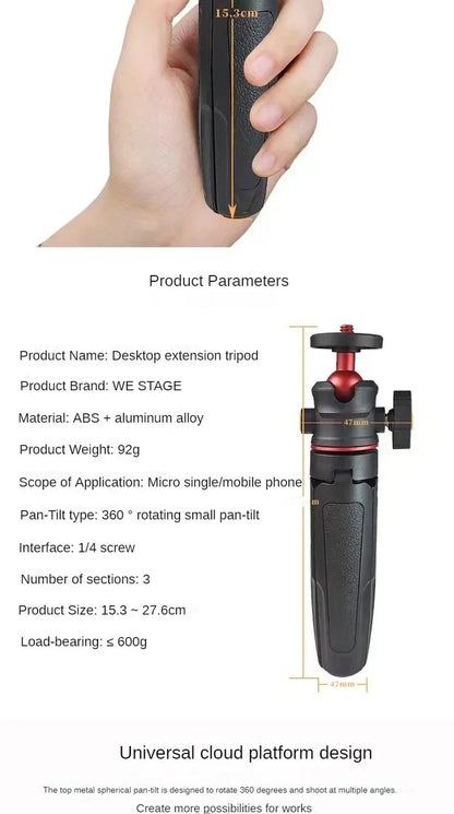 MT-08 Mini Extendable Desktop Tripod – Handheld Photography Stand with Flexible Ballhead & 1/4" Screw Mount for Selfies