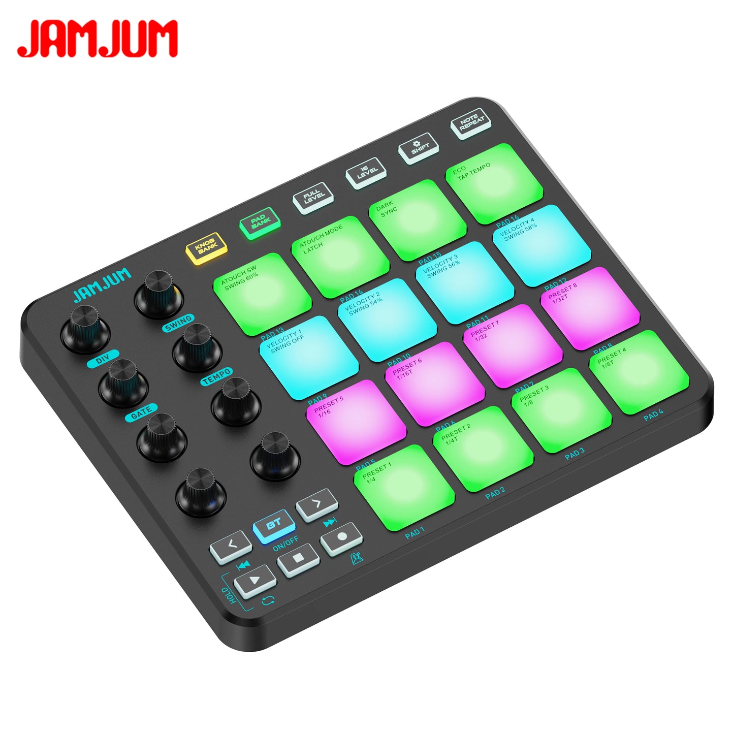 JAMJUM JP-1 MIDI Controller - Wireless 16-Pad RGB Backlit USB-C Portable MIDI Pad for Music Production