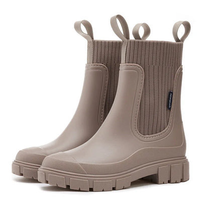 Women’s Mid-Calf PVC Rain Boots – Waterproof Solid Round Toe Platform Shoes