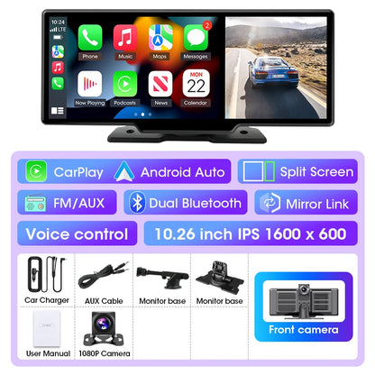 10/11.26" 4K Dash Cam — Dual Lens Car DVR with Wireless CarPlay, Android Auto, GPS & WiFi Video Recorder