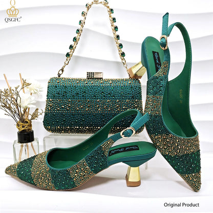 Women’s Green Rhinestone Shoe & Bag Set - Italian Luxury Style Wedding & Party Accessories