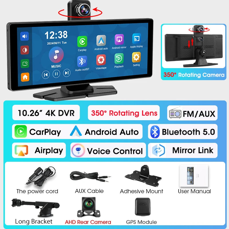 7"/10.26" 4K Dash Cam — Car DVR with Wireless CarPlay, Android Auto, 350° Rotating Lens, GPS & Bluetooth