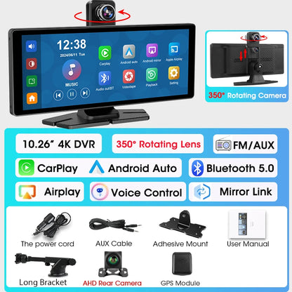 7"/10.26" 4K Dash Cam — Car DVR with Wireless CarPlay, Android Auto, 350° Rotating Lens, GPS & Bluetooth